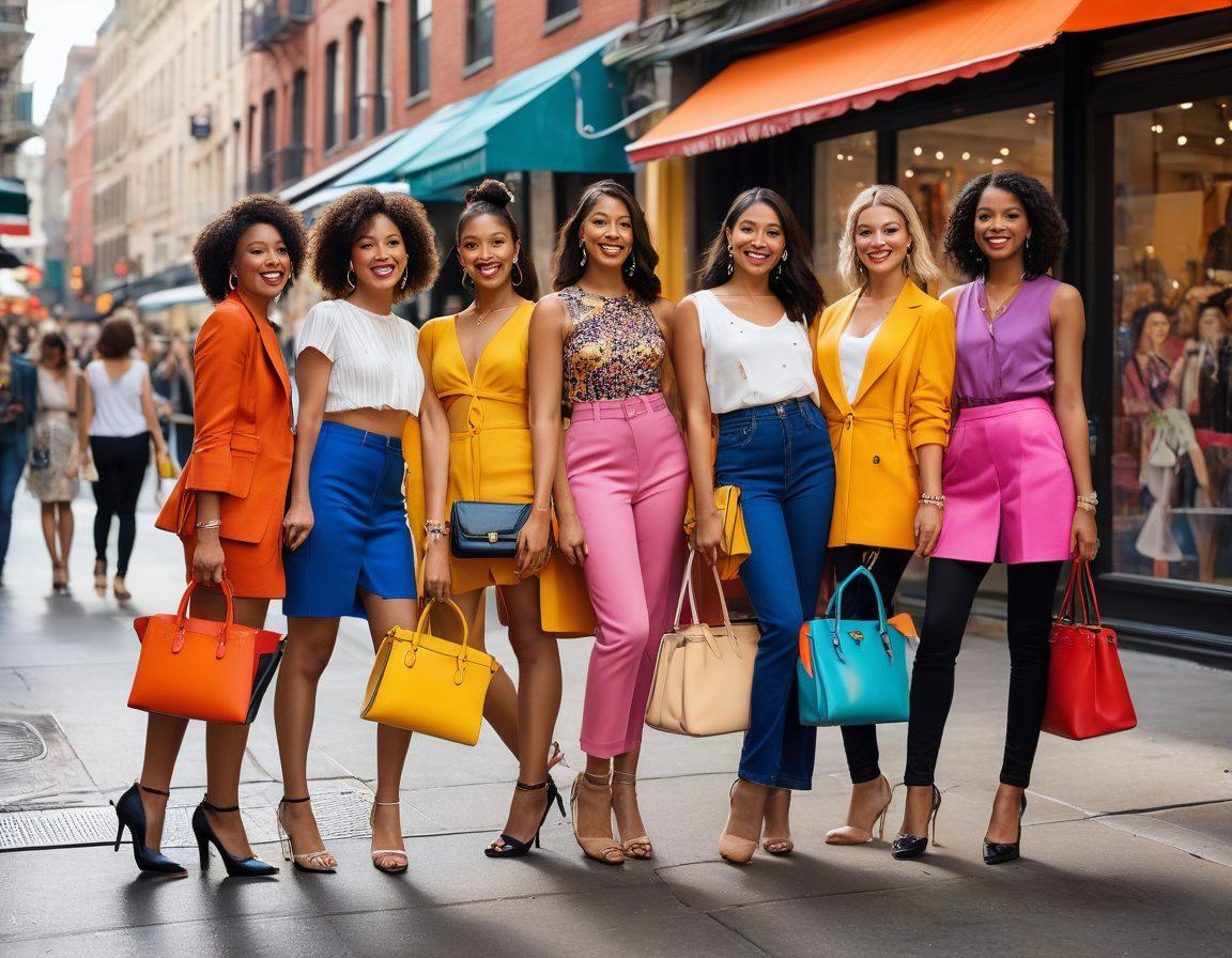 A chic gathering of diverse, fashionable friends in a vibrant urban setting, showcasing trendy outfits and lively interactions. Include stylish accessories, colorful handbags, and dynamic poses that radiate elegance and camaraderie. The background features a variety of fashion boutiques and street art, creating a lively atmosphere. super-realistic. vibrant colors. urban environment.