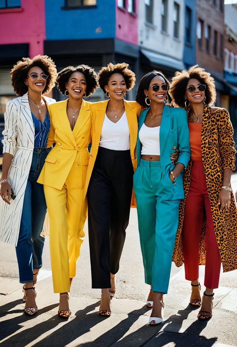 A diverse group of stylish women showcasing their unique fashion sense, laughing and connecting in an urban setting filled with vibrant street art. The scene captures a sense of camaraderie and empowerment, with trendy outfits and accessories that reflect individual styles yet harmoniously blend together. Bright sunlight illuminates their joyful expressions, symbolizing the chic sisterhood. super-realistic. vibrant colors. urban background.