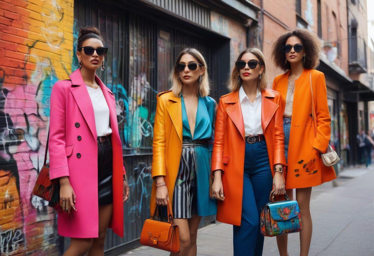 A stylish urban setting showcasing a diverse group of fashionable individuals, each demonstrating unique chic styles, surrounded by colorful street art and elegant architectural elements. Include accessories like trendy handbags and sunglasses to enhance the fashion forward theme. The atmosphere should feel vibrant and energetic, embodying modern aesthetics with an emphasis on individuality. super-realistic. vibrant colors. urban backdrop.
